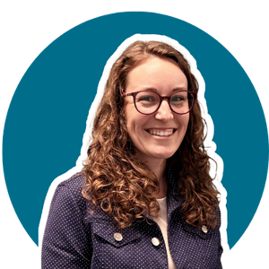 Person with glasses and curly hair against a blue circle background