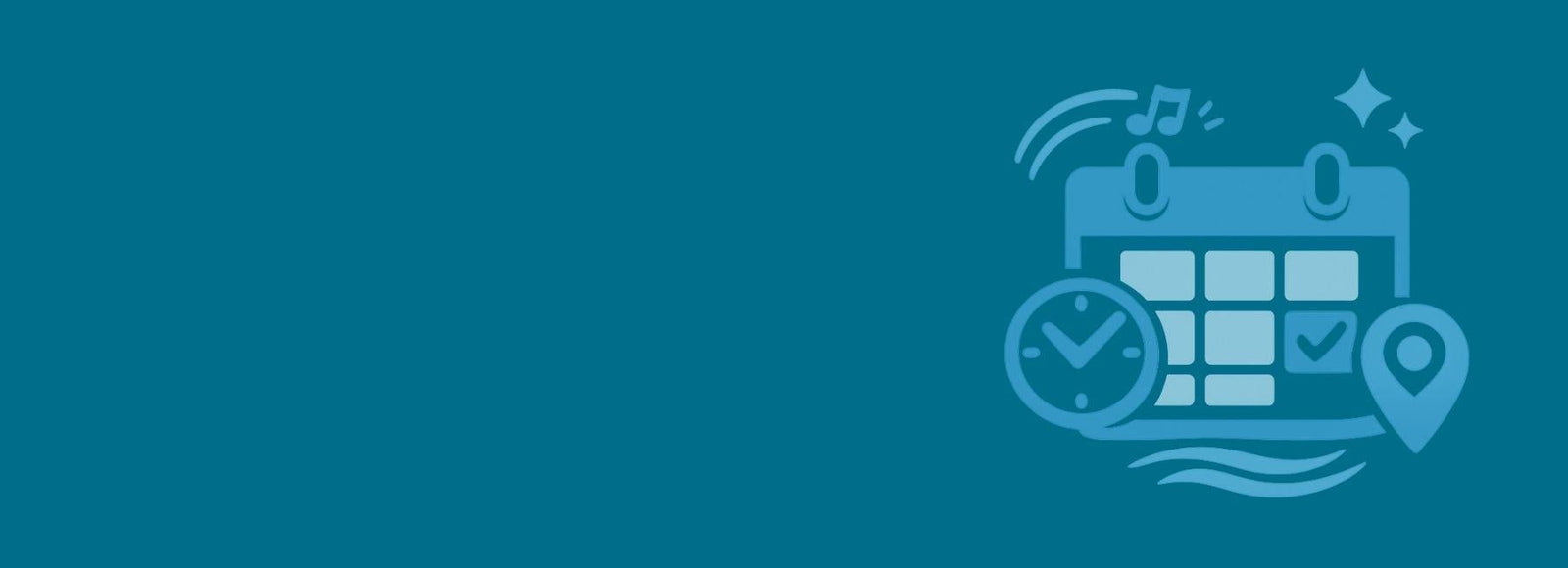 Icon of a calendar with music notes, a clock, and a map on a blue background