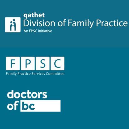 Logos of qathet, Division of Family Practice, FPSC, and Doctors of BC on a blue background