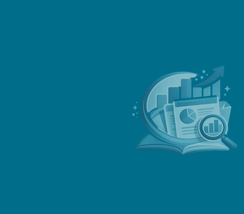 Icon of a book with graphs and charts on a teal background
